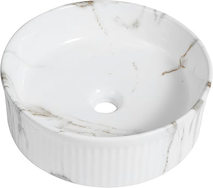 JONATHAN Y SNK1006C 14.75" Round Bathroom Vessel Sink, Modern White Marble Finish Ceramic Above Counter Sink Bowl with Ribbed Exterior, Art Deco Designer Vanity Basin for Powder Rooms