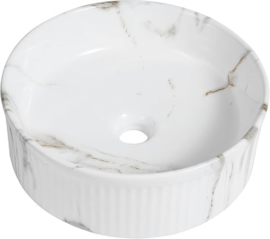 JONATHAN Y SNK1006C 14.75" Round Bathroom Vessel Sink, Modern White Marble Finish Ceramic Above Counter Sink Bowl with Ribbed Exterior, Art Deco Designer Vanity Basin for Powder Rooms