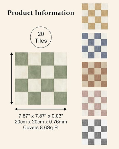 Peel and Stick Floor Tile, Checkered Vinyl Flooring Waterproof, Snap-Proof DIY Flooring Tiles for Bathroom, Kitchen, Fireplace, Wall, Backsplash, No Residue, 20 Tiles-7.87" Thin Version, Green
