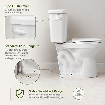 Space Saving 15 Inch Round Front Two Piece Toilet, Compact Side Flush White Ceramic Commode for Small Bathroom, 1.28 GPF Siphonic Flush, Soft Close Seat, cUPC, 12 Inch Rough-In