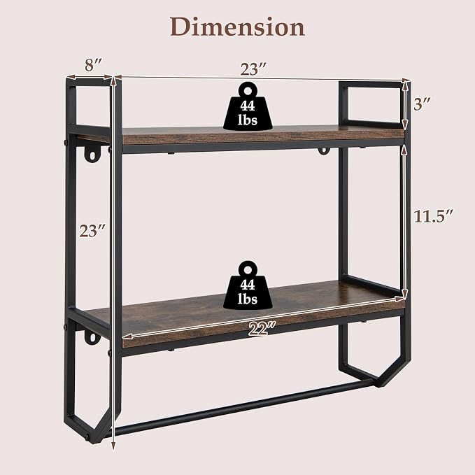GOFLAME 2-Tier Industrial Bathroom Shelves with Towel Bar, Over the Toilet Shelf Wall Mounted with Metal Frame, Wall Storage Organizer Shelf for Bathroom, Living Room, Kitchen, Rustic Brown