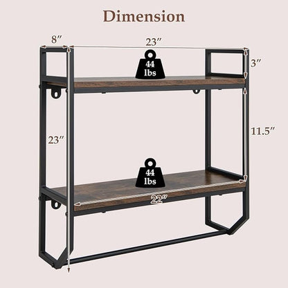 GOFLAME 2-Tier Industrial Bathroom Shelves with Towel Bar, Over the Toilet Shelf Wall Mounted with Metal Frame, Wall Storage Organizer Shelf for Bathroom, Living Room, Kitchen, Rustic Brown