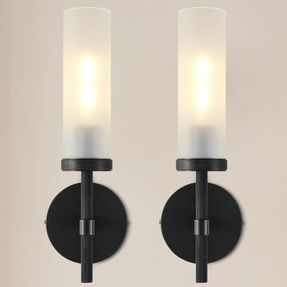 15" Hardwired Frosted Glass 2 PC Bathroom Wall Sconces, Handmade Knurled Black Wall Light Fixture,Modern Vanity Lights, for Living Room,Hallway, Bedroom,Mirror, Indoor Sconces