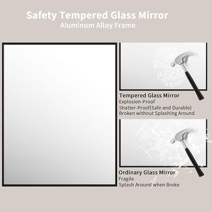 LOAAO 40"X32" Black Rectangle Bathroom Mirror Wall, Matte Black Aluminum Alloy Frame, Tempered Glass, Hangs Vertically or Horizontally, Easy to Install