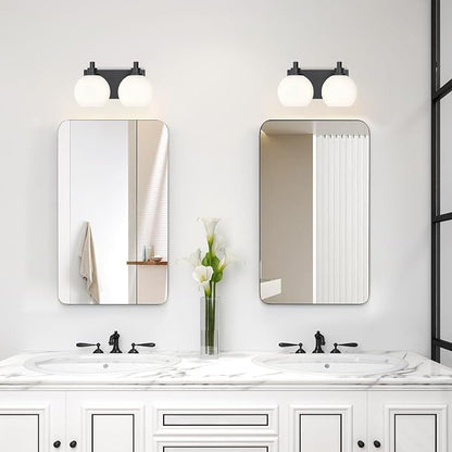 IZORRO Bathroom Light Fixtures, 2-Light Matte Black Vanity Light, Modern Wall Sconces with Globe Milk White Glass Shade, Vanity Lighting Fixtures Over Mirror,E26 Bulb Socket