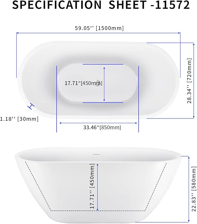 59" Acrylic Freestanding Bathtub, Double Ended Free Standing Tub, Soaking Tub with Integrated Slotted Overflow, Toe-Tap Chrome Drain, cUPC Certified, Glossy White