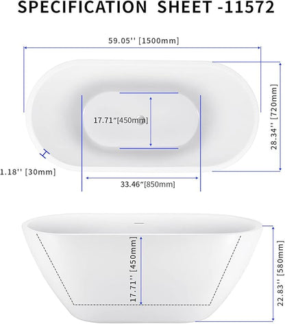 59" Acrylic Freestanding Bathtub, Double Ended Free Standing Tub, Soaking Tub with Integrated Slotted Overflow, Toe-Tap Chrome Drain, cUPC Certified, Glossy White
