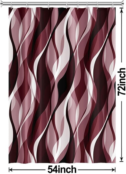 Burgundy Shower Curtain, Modern Abstract Ombre Burgundy Striped Shower Curtain Set for Bathroom Waterproof Shower Curtain with Hooks, 54x72 Inch