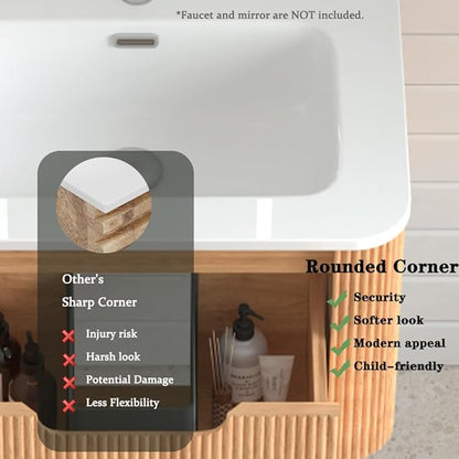 30'' Floating Bathroom Vanity with Sink, Wall Mounted Modern Bathroom Cabinet W/Curved Edges Stripes, Oak & Plywood, Pre-Assembled with Integrated Ceramic Basin – Havana, Natural Oak