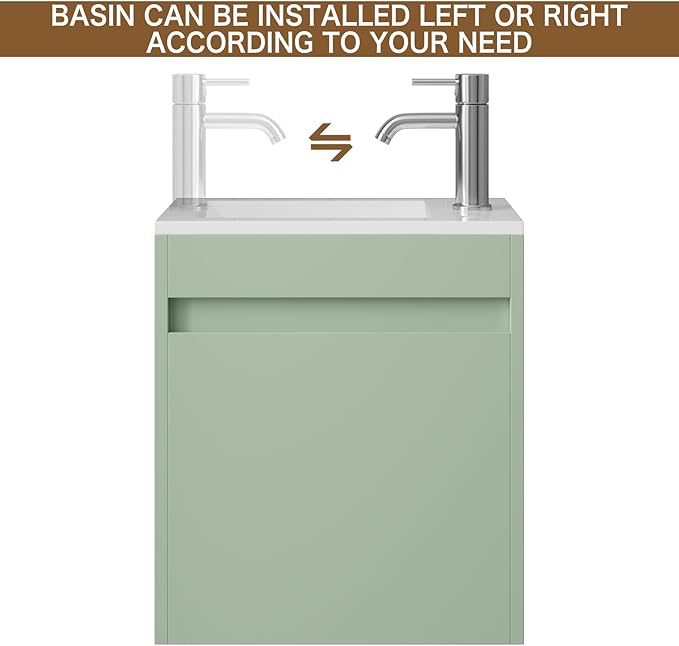 wonline 16" Small Floating Green Bathroom Vanity Sink Combo, Wall Mounted Narrow Single Cabinet with Resin Basin Sink Top, Water Saving Chrome Faucet & Pop-Up Drain