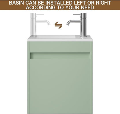 wonline 16" Small Floating Green Bathroom Vanity Sink Combo, Wall Mounted Narrow Single Cabinet with Resin Basin Sink Top, Water Saving Chrome Faucet & Pop-Up Drain