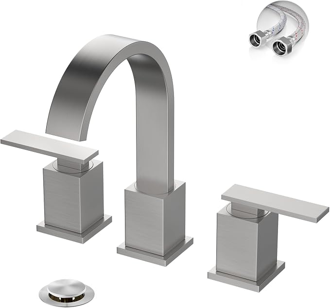 Brushed Nickel 3 Hole Bathroom Faucet 8 Inch Waterfall Vanity Faucet, Bathroom Sink Faucet with Pop Up Drain and Water Supply Line, WF011-BN