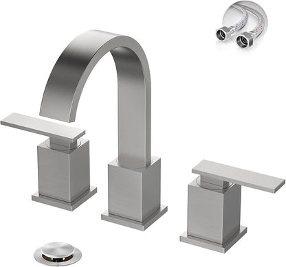 Brushed Nickel 3 Hole Bathroom Faucet 8 Inch Waterfall Vanity Faucet, Bathroom Sink Faucet with Pop Up Drain and Water Supply Line, WF011-BN