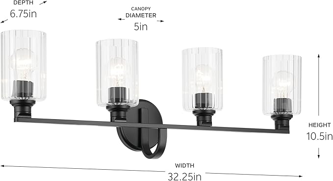 Kichler Gioe 32.25" 4-Light Vanity Light with Clear Fluted Glass in Black, Damp Rated, for Bathroom,Powder Room, Over a Mirror, (32.25" W x 10.5" H), 55227BKFLU