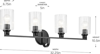 Kichler Gioe 32.25" 4-Light Vanity Light with Clear Fluted Glass in Black, Damp Rated, for Bathroom,Powder Room, Over a Mirror, (32.25" W x 10.5" H), 55227BKFLU