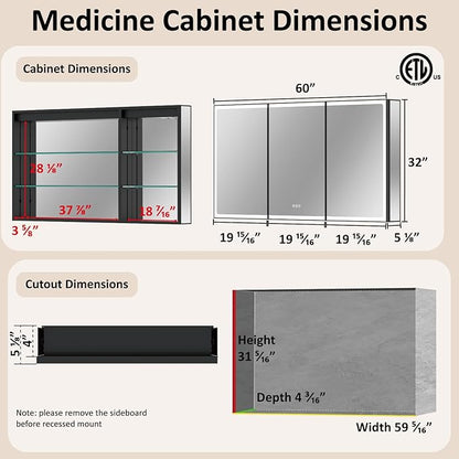 60x32 Inch Medicine Cabinet with Lights, Aluminum Frame, LED Lighted, Anti-Fog, Adjustable Shelves, Dimmable Lighting, Outlets & USB, Recessed or Surface Mount, ETL Listed, Black Rim