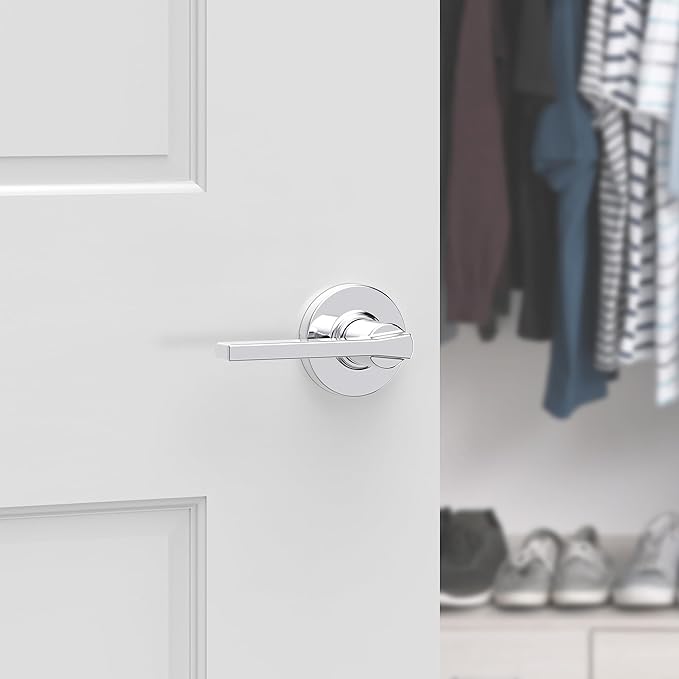 Kwikset Casey Dummy Round Door Handle, Single Sided Lever for Closets, French Double Doors, and Pantry, Polished Chrome Non-Turning Reversible Interior Push/Pull Lever