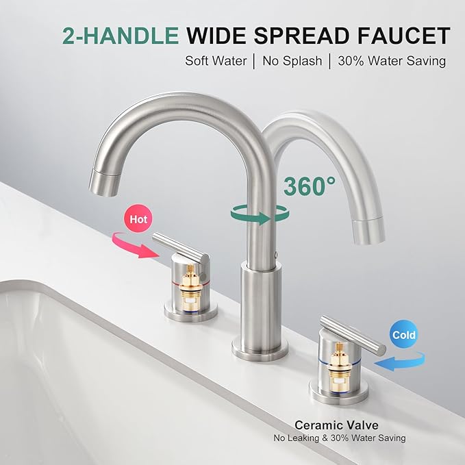 Faustina 3 Hole Bathroom Faucet, Brushed Bathroom Faucets for Sink 3 Hole/Double-Handle/8-Inch Widespread Bathroom Faucet, Stainless Steel Bathroom Vanity Faucet(Pop Up Drain/Supply Line), Brushed