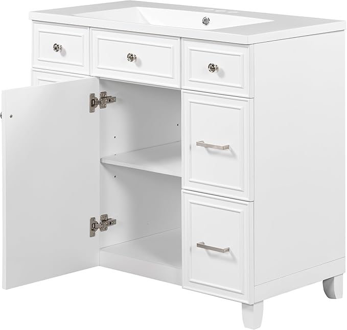 LUMISOL 36" Bathroom Vanity with Sink Top, Modern Bathroom Vanity with 3 Drawers & Cabinet, Solid Wood Bathroom Cabinet with Undermount Basin, White