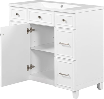 LUMISOL 36" Bathroom Vanity with Sink Top, Modern Bathroom Vanity with 3 Drawers & Cabinet, Solid Wood Bathroom Cabinet with Undermount Basin, White
