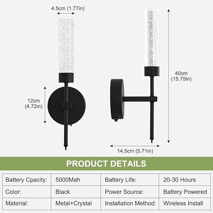 Crystal Battery Operated Wall Sconce, Modern Wireless LED Wall Sconces Set of 2 with Remote 3CCT Dimmable Timer, USB Rechargeable Cordless Wall Lights for Living Room Bedroom Bathroom Hallway, Black