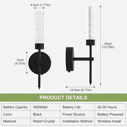 Crystal Battery Operated Wall Sconce, Modern Wireless LED Wall Sconces Set of 2 with Remote 3CCT Dimmable Timer, USB Rechargeable Cordless Wall Lights for Living Room Bedroom Bathroom Hallway, Black