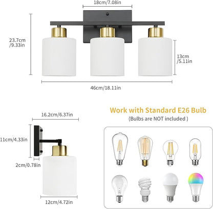WILON Bathroom Light Fixtures Over Mirror, 3 Light Black and Gold Vanity Light, Wall Sconces with White Milky Glass Lamp Shades,E26 Bathroom Vanity Light (Bulbs Not Included)