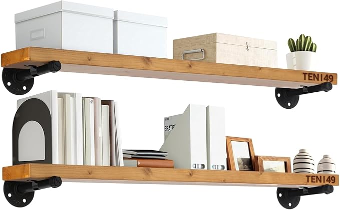 TEN49 Real Wood Rustic Floating Shelves Wall - 36 Wide Small Wooden Industrial Pipe Shelving - Farmhouse Pipe Wall Shelves Furniture Bathroom Decor Art Shelf Kitchen - Light Walnut Color - Set of 2