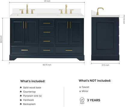 ARIEL Stafford 60-inch Bathroom Vanity with Sink,Solid Wood, 1.5-inch Pure White Quartz Countertop, Double Rectangular Porcelain Sink, 4 Soft Closing Doors, 6 Dovetail Drawers, Midnight Blue