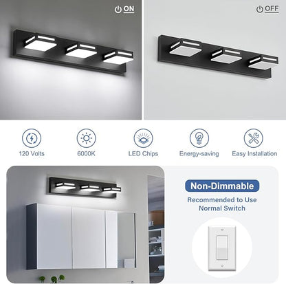 LED Modern Bathroom Light Fixtures, 3-Light 24-Inch Matte Black Vanity Lights for Bathroom Lighting Fixtures Over Mirror, 350° Rotatable Acrylic, 6000K Cool White Wall Lamp