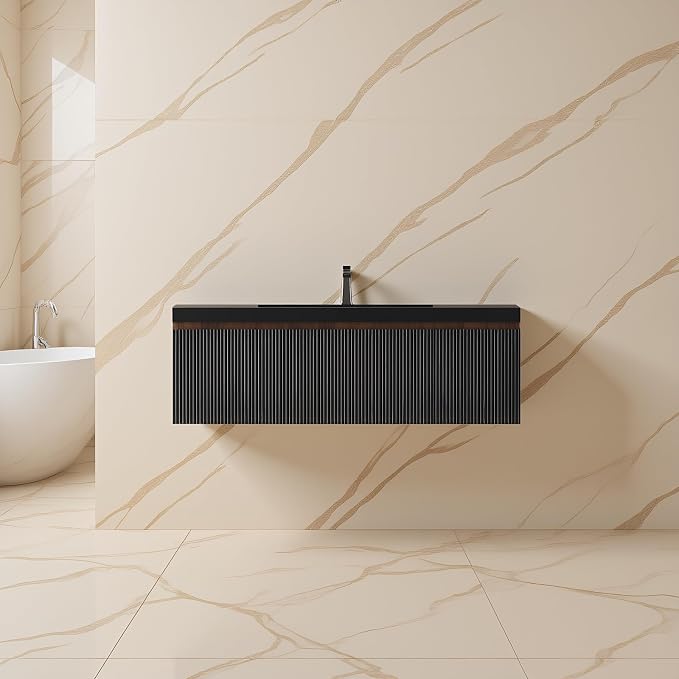 Floating Bathroom Vanity, 48" Wall Mounted Bathroom Cabinet with Matte Black Quartz Sand Sink, U-Shaped Soft-Close Drawer & Door, Pre-Assembled Striped Storage Vanity for Bathroom, Walnut&Black