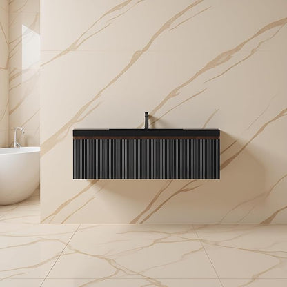 Floating Bathroom Vanity, 48" Wall Mounted Bathroom Cabinet with Matte Black Quartz Sand Sink, U-Shaped Soft-Close Drawer & Door, Pre-Assembled Striped Storage Vanity for Bathroom, Walnut&Black
