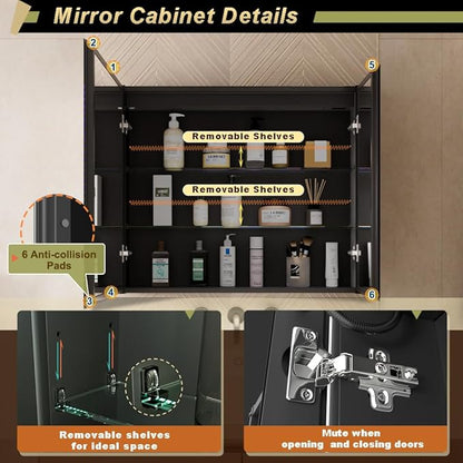 LED Lighted Bathroom Medicine Mirror Cabinet with Sockets & USBs, Anti-Fog Dimmable Light and Color Adjustment, Easy to Install Aluminum Cabinet (30 * 28 Two-Door)