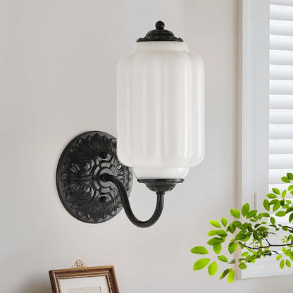 Milk Glass Sconce Vintage Vanity Sconces Black, Bulb Included | Milk Glass Art Deco Antique Wall Sconce Wall Light for Bedroom Bathroom Living Room Entryway, Antique Black and White 1 Pack