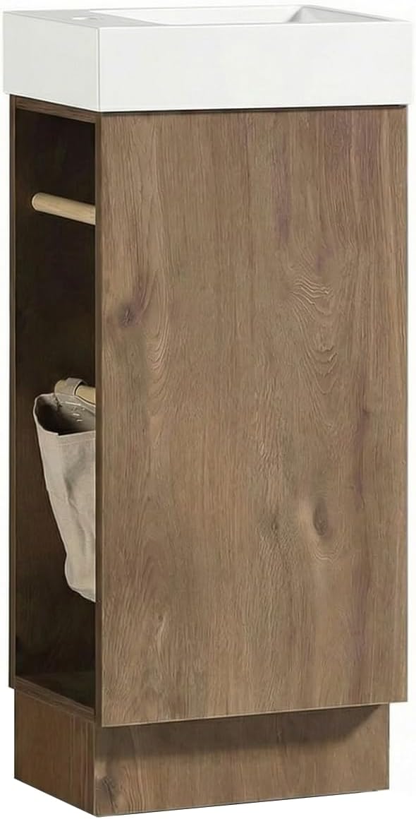 16" Small Bathroom Vanity with Sink - Walnut:Small Space Fit,2 Toilet Paper Holders & Storage Pocket,Adjustable Shelve,Soft Closing Door & Quiet Hinges,Floor-Standing Extra Storage