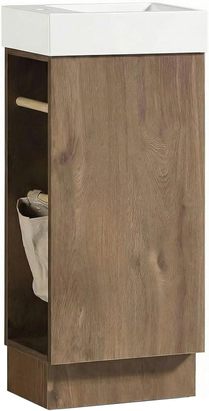 16" Small Bathroom Vanity with Sink - Walnut:Small Space Fit,2 Toilet Paper Holders & Storage Pocket,Adjustable Shelve,Soft Closing Door & Quiet Hinges,Floor-Standing Extra Storage