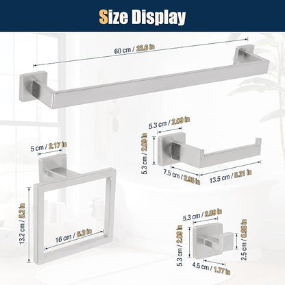 10 Pcs Silver Bathroom Hardware Accessories Set 23.6 Inch Wall Mounted | Bath Towel Bar Kit with Square Towel Racks Ring and Towel Hooks, Paper Holder, 304 Stainless Steel