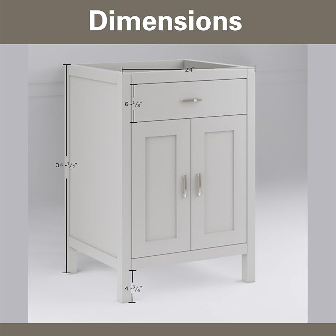 24" Light Grey Bathroom Vanity Base Only – Freestanding Solid Wood Sink Cabinet with Tip-Out Drawer, Shaker Style Storage, No Top or Sink, 36" W x 21" D x 34.5" H