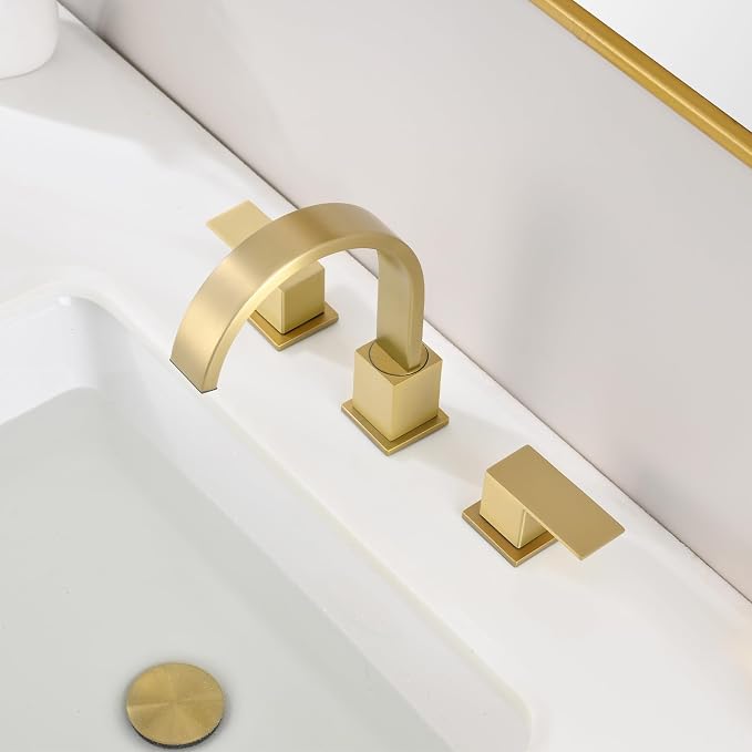 Widespread Brushed Gold Bathroom Faucets, Waterfall Golden Stainless Steel Bathroom Faucet for Sink 3 Hole, Vanity Lavatory Faucets with Drain & Water Hoses, 8 Inch, Lead-Free, 360° Swivel