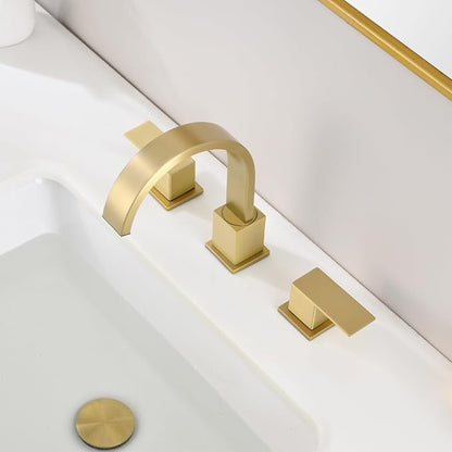 Widespread Brushed Gold Bathroom Faucets, Waterfall Golden Stainless Steel Bathroom Faucet for Sink 3 Hole, Vanity Lavatory Faucets with Drain & Water Hoses, 8 Inch, Lead-Free, 360° Swivel