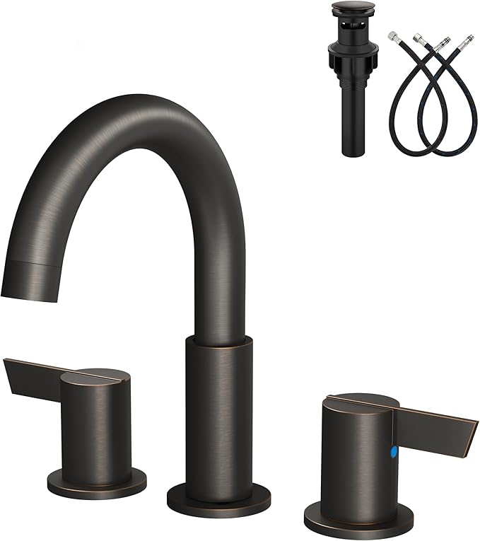 Bathroom Sink Faucet 3 Hole 8 Inch Widespread 2-Handle Vanity Faucet SUS304 Stainless Steel with Pop-Up Drain and Supply Lines Oil Rubbed Bronze