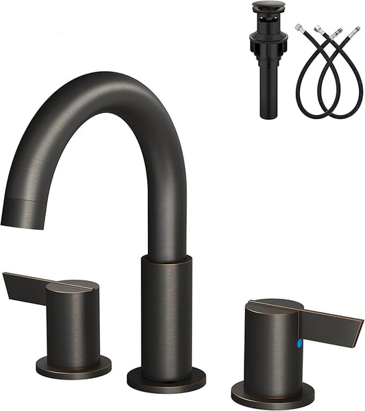 Bathroom Sink Faucet 3 Hole 8 Inch Widespread 2-Handle Vanity Faucet SUS304 Stainless Steel with Pop-Up Drain and Supply Lines Oil Rubbed Bronze