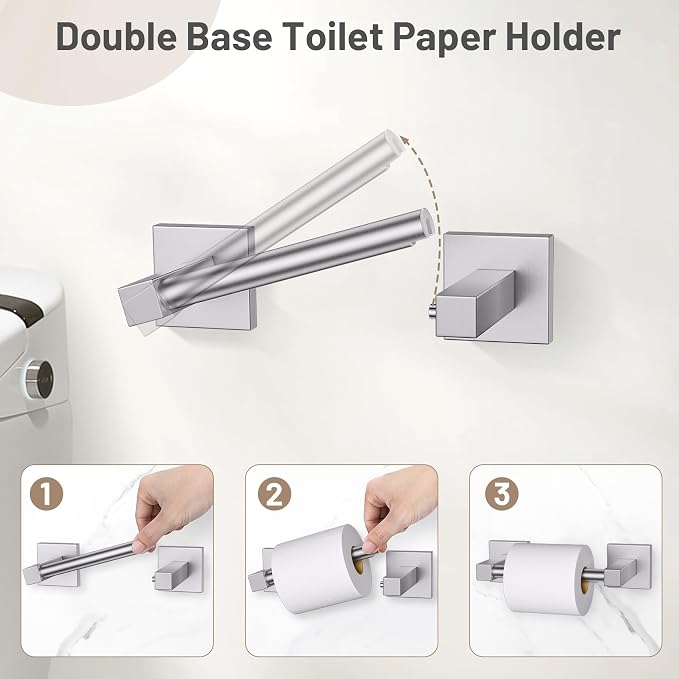 Lairuier Brushed Nickel Bathroom Accessories, Towel Bar Set Wall Mounted | 5 Pieces Bathroom Hardware Set, SUS304 Stainless Steel Double Base 23.6" Towel Bar, Towel Ring, Toilet Paper Holder & Hooks