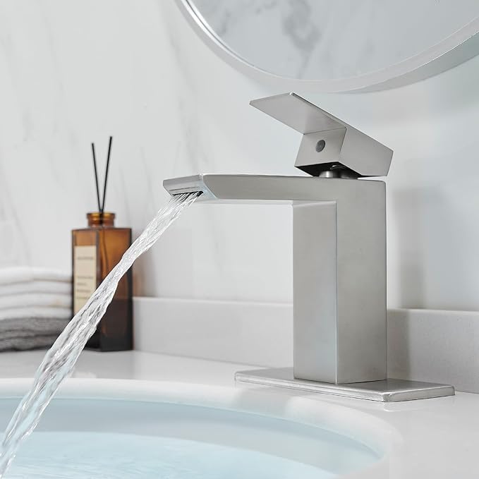 RUMOSE Brushed Nickel Bathroom Faucets Set with Pop Up Drain Single Handle Bathroom Sink Faucet 1 & 3 Hole Waterfall Spout Vanity Faucet Kit with Deck Plate RV Lavatory Basin Faucet, Stainless Steel