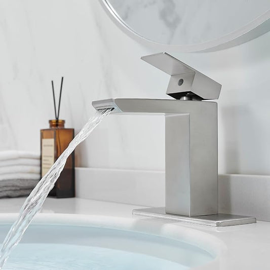 RUMOSE Brushed Nickel Bathroom Faucets Set with Pop Up Drain Single Handle Bathroom Sink Faucet 1 & 3 Hole Waterfall Spout Vanity Faucet Kit with Deck Plate RV Lavatory Basin Faucet, Stainless Steel