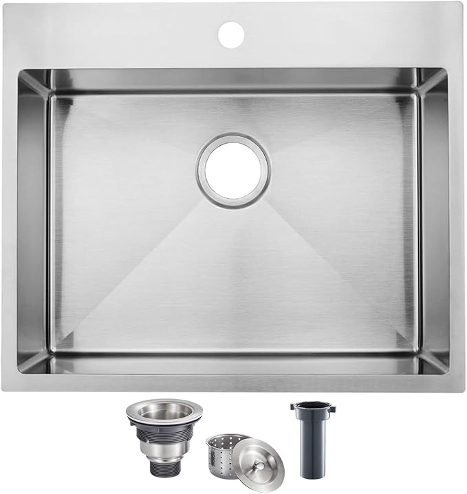 22x18 Inch Drop In Kitchen Sink, 22 Inch Topmount Outdoor Bar Sink, 16 Gauge Stainless Steel Single Bowl Brushed Nickel Small Kitchen Sink with Strainer Drain