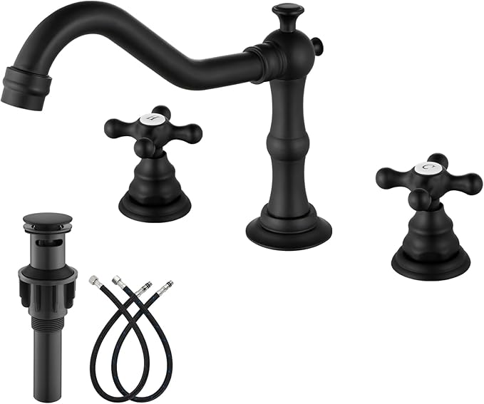 gotonovo Bathroom Faucet 3 Hole 8 Inch Widespread Bathroom Sink Faucet 2 Cross Handles Vintage Lavatory Vanity Mixer Tap with Pop Up Drain, H C Label, Matte Black