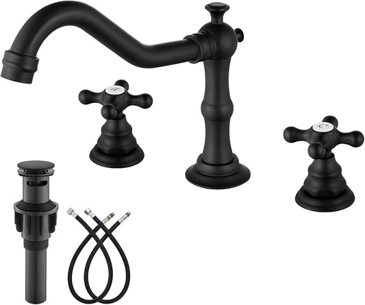 gotonovo Bathroom Faucet 3 Hole 8 Inch Widespread Bathroom Sink Faucet 2 Cross Handles Vintage Lavatory Vanity Mixer Tap with Pop Up Drain, H C Label, Matte Black
