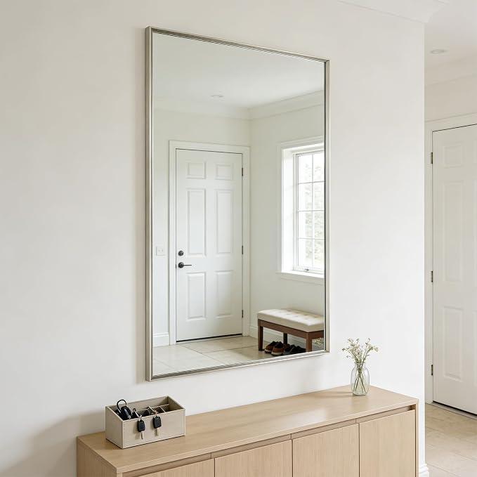 Bathroom Mirror for Wall, 40x30 Inch Framed Vanity Mirror Brushed Nickel | Rectanglar Metal Beveled Framed Mirror for Over Sink, Tempered Glass, Anti-Rust, Hangs Horizontally or Vertically