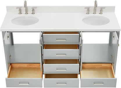 ARIEL Cambridge 66-inch Bathroom Vanity with Sink,Solid Wood, 1.5-inch Pure White Quartz Countertop & Backsplash, Double Oval Porcelain Sink, 4 Soft Closing Doors, 6 Dovetail Drawers, Grey